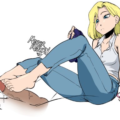 dragon ball z, android 18, meteorreb0rn, 1boy, :&lt;, arm support, bare shoulders, barefoot, blonde hair, blue eyes, bracelet, closed mouth, collarbone, collared shirt, cum