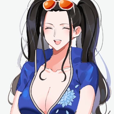 one piece, nico robin, joman, 1girls, alternate hairstyle, big breasts, black hair, breasts, busty, cleavage, closed eyes, cute, female, female only, happy