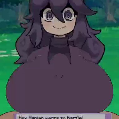 beat banger, pokemon, hex maniac, el primo, 1boy, 1girl, black eyes, black hair, blush, bra, breast grab, clothed paizuri, cum, cum in mouth, happy female