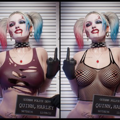 batman (series), dc, dc comics, injustice 2, harley quinn, fugtrup, 1girls, big breasts, earrings, female, female focus, fishnet shirt, gloves, leather gloves, middle finger