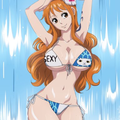 one piece, one piece film gold, nami, rozuberry, 1girls, big breasts, bikini, breasts, busty, cleavage, curvy, female, female only, flower, flower in hair