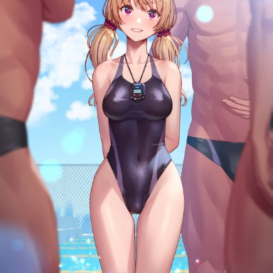 original, original character, remana, 3boys, ahoge, arms behind back, bangs, black swimsuit, blonde hair, blue sky, blush, breasts, chain-link fence, cloud, competition swimsuit