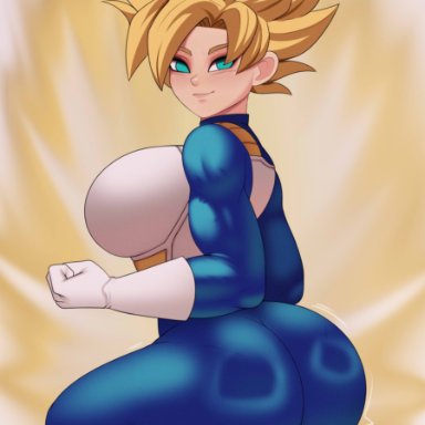 dragon ball, dragon ball z, son goku, postblue98, 1girls, ass, big ass, big breasts, blonde hair, blue eyes, bodysuit, boots, breasts, eye contact, fully clothed