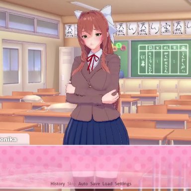 ddlc, doki doki literature club, koikatsu, monika, morbite, anal, anal penetration, anal sex, blinking, bow, brown hair, classroom, cloet, desk, desks