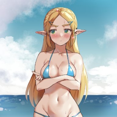 breath of the wild, nintendo, the legend of zelda, princess zelda, zelda (breath of the wild), monbetsu kuniharu, 1girls, angry, arms folded, belly button, bikini, blonde hair, blush, breasts, cleavage