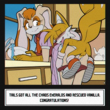 sonic (series), sonic the hedgehog (series), tails, vanilla the rabbit, ardan norgate, 1boy1girl, age difference, anthro, ass, balls, blush, bodily fluids, cleaning, closed eyes, dishes