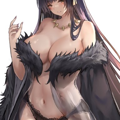 azur lane, musashi (azur lane), liaowen, 1girls, black hair, breasts, facial markings, female, female only, fluffy ears, fox ears, fox girl, hips, huge breasts, kitsune