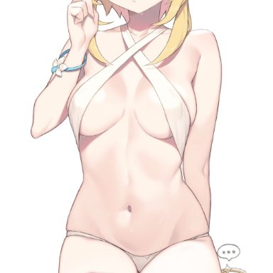 genshin impact, lumine (genshin impact), paimon (genshin impact), cloba, 2girls, bare shoulders, barefoot, belly, belly button, big breasts, blonde female, blonde hair, blush, blushing, bracelet