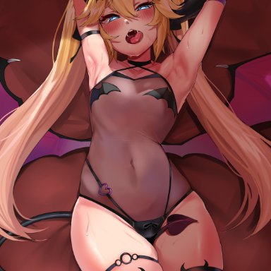 last origin, thetis (last origin), torpedo (gad3757), armpits, arms up, bed, bedroom, before sex, between legs, blue eyes, demon girl, demon horns, demon tail, demon wings, elbow gloves