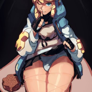 guilty gear, guilty gear strive, bridget, sshurart, 1boy, balls, blonde hair, blue eyes, bulge, bulge through clothing, eye contact, femboy, hoodie, kneeling, looking at viewer