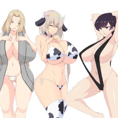 komi-san wa komyushou desu, naruto, naruto (series), uzaki-chan wa asobitai!, komi shuuko, tsunade, uzaki tsuki, sombra222, 3girls, big breasts, bikini, bikini bottom, bikini top, black eyes, black hair