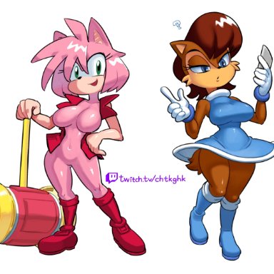 archie comics, sega, sonic (series), amy rose, amy rose (cosplay), sally acorn, sally acorn (cosplay), minus8, 2girls, ?, animal ears, anthro, ass visible through thighs, bare arms, bare shoulders