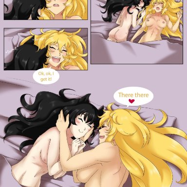 rwby, blake belladonna, faunus, yang xiao long, y8ay8a, 2girls, abs, adorable, after sex, aftercare, blush, breasts, casual, cat ears, cute