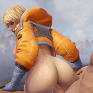 apex legends, wattson (apex legends), dzooworks, ass, athletic female, backboob, blonde hair, blue eyes, huge ass, huge breasts, human, large breasts, large penis, larger male, light-skinned male