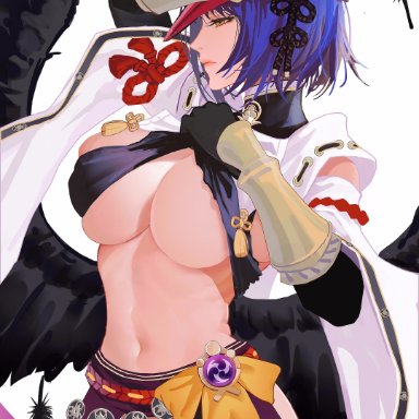 genshin impact, kujou sara, ashui ku, 1girls, arm up, beautiful, belly, belly button, big breasts, black hair, black wings, breasts, busty, curves, curvy