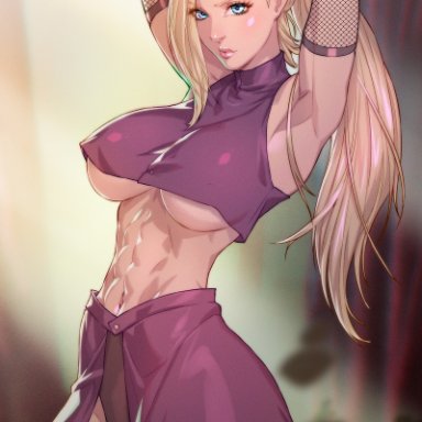 naruto, naruto (series), naruto shippuden, ino yamanaka, arttoru, 1female, abs, big breasts, bulging breasts, erect nipples, fishnet armwear, fishnet legwear, looking at viewer, nipple bulge, ponytail