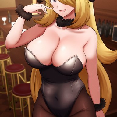 nintendo, pokemon, cynthia (pokemon), kiteman (artist), alternate costume, breasts, female, female only, hair over one eye, solo, tagme