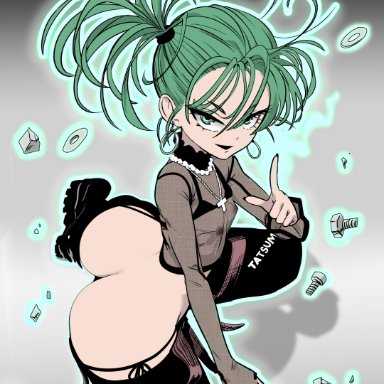 one-punch man, tatsumaki, myahogao, :d, ass, bikini, black bikini, breasts, earrings, female, floating, floating object, green eyes, green hair, jewelry