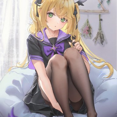 genshin impact, fischl (genshin impact), oz (genshin impact), 1girls,  yukiri, best girl, black nails, blonde hair, blush, blushing, feet, female, female only, green eyes, legs