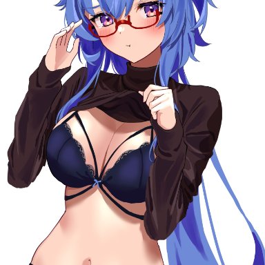 genshin impact, ganyu (genshin impact), :t, bespectacled, blue bra, blue hair, blue panties, bra, breasts, clothes lift, female, glasses, goat horns, horns, lifted by self