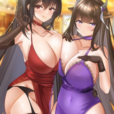 azur lane, kashino (azur lane), taihou (azur lane), artist request, 2girls, ahoge, animal ears, bangs, black hair, black panties, black thighhighs, breasts, brown hair, cleavage, cocktail dress