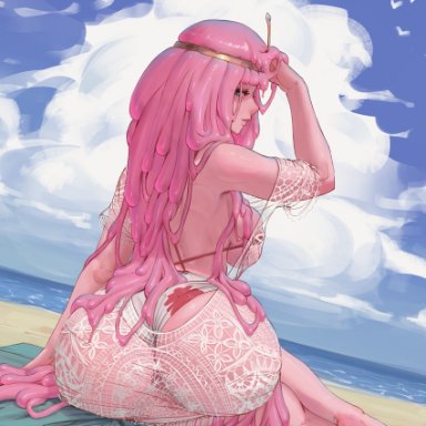 adventure time, princess bubblegum, noaqin, 1girls, ass, beach, blue eyes, breasts, female, female only, large ass, large breasts, looking at viewer, looking back, pink hair