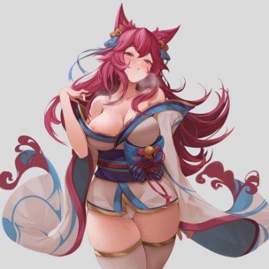 league of legends, riot games, spirit blossom series, ahri, spirit blossom ahri, vastaya, lu ka, 9 tails, alternate costume, alternate hair color, alternate hairstyle, animal ear fluff, animal ears, animal girl, bangs