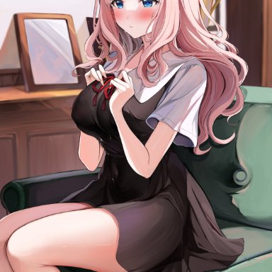 fujiwara chika, sak (lemondisk), after sex, bangs, big breasts, black bow, black dress, blue eyes, blunt bangs, blush, bow, breasts, collared shirt, curvy, dress