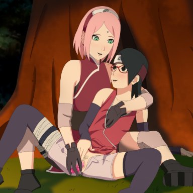 boruto: naruto next generations, naruto, naruto (series), sakura haruno, sarada uchiha, optimystic, adult, against tree, age difference, alternate costume, between legs, black eyes, black hair, dildo, eyewear