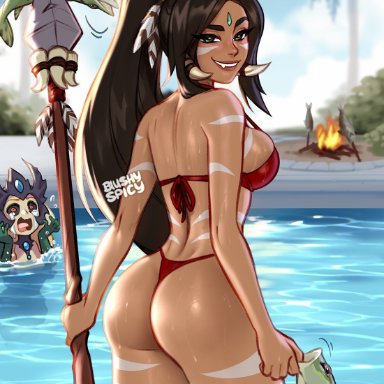 league of legends, nidalee, blushypixy, 2girls, breasts, dark-skinned female, dark skin, female, female only, solo focus