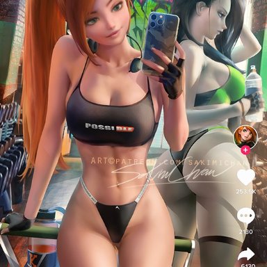 disney, disney channel, kim possible, kimberly ann possible, shego, sakimichan, 2girls, ass, black hair, breasts, female, female only, green eyes, green skin, gym