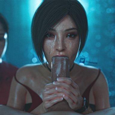 resident evil, resident evil 2 remake, ada wong, claire redfield, yakenaris, 1boy, 2girls, :&gt;=, asian female, black hair, blowjob, brown eyes, brown hair, dark-skinned male, huge cock