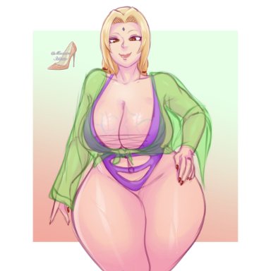 naruto, naruto (series), tsunade, madam stiletto, 1girls, big breasts, blonde hair, breasts, brown eyes, cleavage, female, female only, forehead jewel, green robe, hair