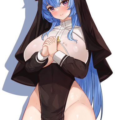 genshin impact, ganyu (genshin impact), cetta (cettadvd), 1girls, bangs, blue hair, blush, breasts, clothing cutout, covered navel, cross, dress, female, goat horns, habit