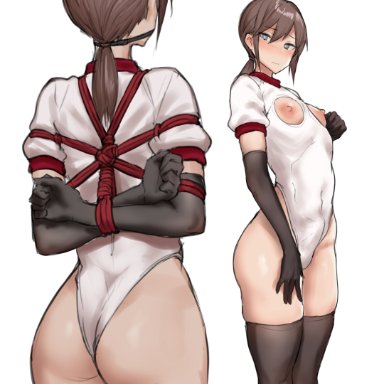 original, original character, arms tied, arms tied behind back, armwear, ass, blush, bondage, brown hair, crossdressing, embarrassed, erect penis, erection in leotard, erection under clothes, erection under clothing