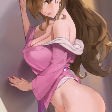 wiz (konosuba), sendrawz, 1girls, ahoge, bangs, big breasts, blush, bottomless, bow, breasts, brown eyes, brown hair, earrings, eyes visible through hair, hair over one eye