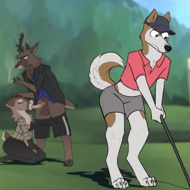 keadonger, anthro, antlers, ball, black bra, blowjob, bra, breast out, brown balls, cigarette, close up, closed eyes, deer, deers, dog