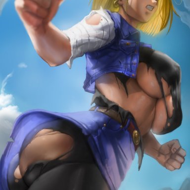 dragon ball, dragon ball z, android 18, elitenappa, 1girls, annoyed, ass, battle damage, big ass, big breasts, blonde hair, blue eyes, boobs and butt pose, breasts, bubble butt