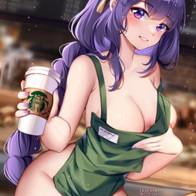 genshin impact, starbucks, raiden shogun, squchan, 1girls, apron, apron only, beauty mark, braided hair, breasts, cleavage, coffee, company logo, female, hair ornament