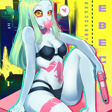 cyberpunk: edgerunners, cyberpunk 2077, rebecca (edgerunners), kimouji, 1girls, body markings, breasts, cybernetics, cyborg, eye contact, female, female only, firearm, green eyes, handgun