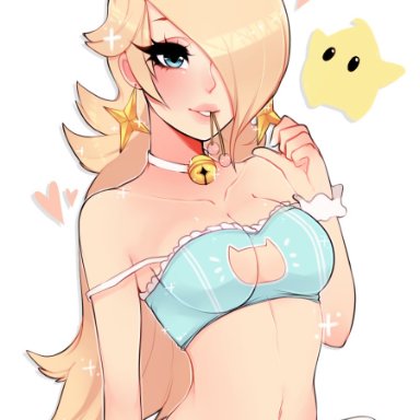 mario (series), nintendo, luma, princess rosalina, 1girls, bell choker, blonde hair, blue bra, blue eyes, blue lingerie, bra, breasts, cat bell, cat keyhole bra, cat keyhole lingerie