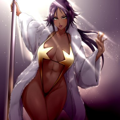 bleach, shihouin yoruichi, nofuture, 1girls, abs, breasts, brown skin, coat, dark-skinned female, dark skin, female, fur coat, hips, indoors, large breasts