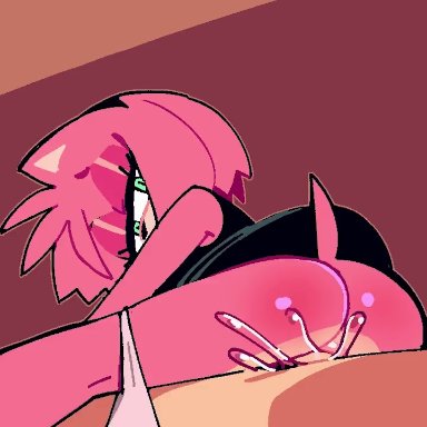 sonic (series), amy rose, wamudraws, 1boy, 1girls, ass, blush, cum, cum drip, cum in pussy, cum inside, panties around leg, pink hair, pull out, pussy