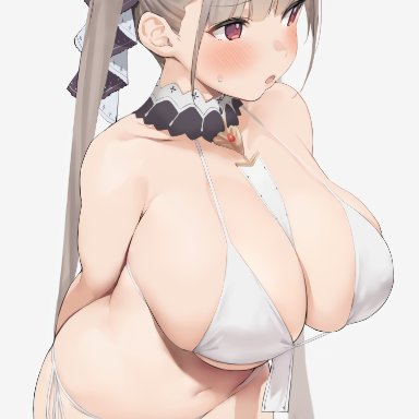 azur lane, formidable (azur lane), nekoshoko, 1girls, :o, arms behind back, bangs, bare shoulders, between breasts, bikini, blush, breasts, cleavage, detached collar, female focus