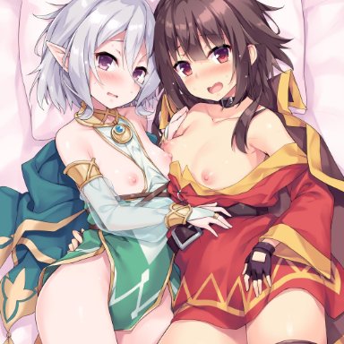 princess connect!, princess connect! re:dive, kokkoro (princess connect!), megumin, akizora momiji, 2girls, brown hair, elf, elf ears, flat chest, nipples, no panties, purple eyes, red eyes, silver hair