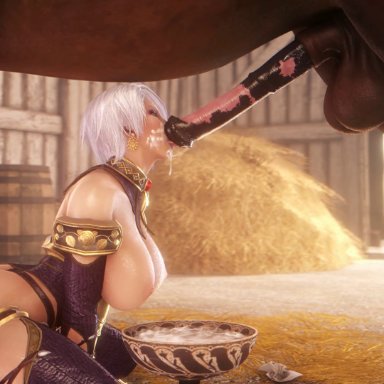 soul calibur, isabella valentine, noname55, 1animal, 1girls, ass, big breasts, big testicles, bouncing balls, clothing, cum, cum drip, cum on face, horse, horsecock