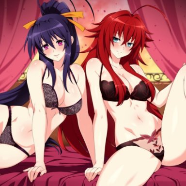 high school dxd, akeno himejim&#1072;, rias gr&#1077;mory, lindaroze, 2girls, breasts, curtains, demon girl, fingering, french kiss, green eyes, hair ribbon, interracial, kissing, large breasts