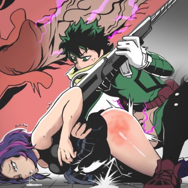 my hero academia, izuku midoriya, kaina tsutsumi, lady nagant, deaf (artist), 1girls, 2boys, age difference, ass, belly bulge, belly expansion, big penis, blue hair, bulldog position, cervical penetration