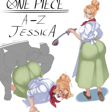 one piece, jessica (one piece), sunnysundown, 1boy, 1girls, all fours, anal, anal penetration, anal sex, anal through clothes, apron, big ass, big breasts, blonde hair, chef