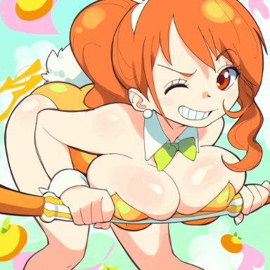 one piece, nami, aetherion art, 1girls, ass, big breasts, breasts, bunny ears, bunny girl, bunny tail, bunnysuit, eye contact, favorite, female, female only